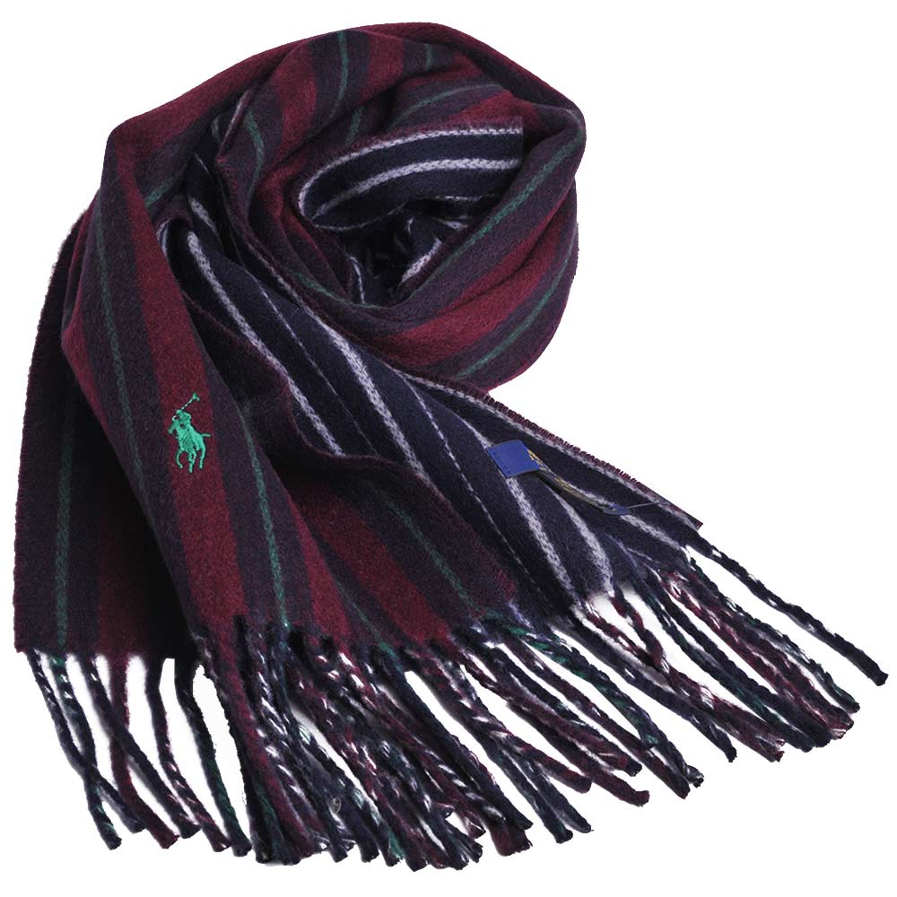 RALPH LAUREN POLO 義大利製小馬刺繡雙面配色直紋羊毛圍巾(酒紅/黑色)