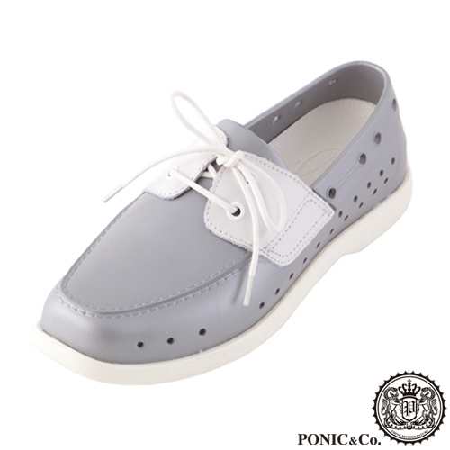 (男/女)Ponic&Co美國加州環保防水洞洞綁帶帆船鞋-銀色