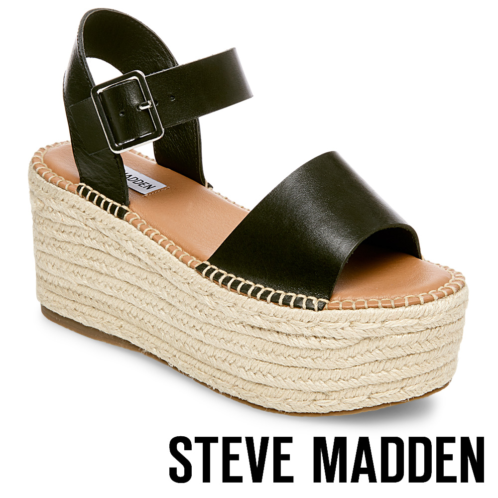 STEVE MADDEN-CABO-真皮一字寬版草編厚底鞋-黑色