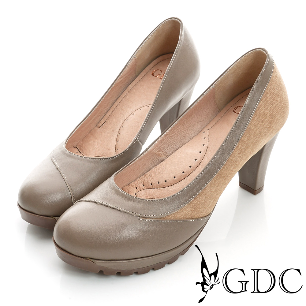 GDC都會-拼接造型防滑厚底真皮中跟鞋-卡其色 product image 1