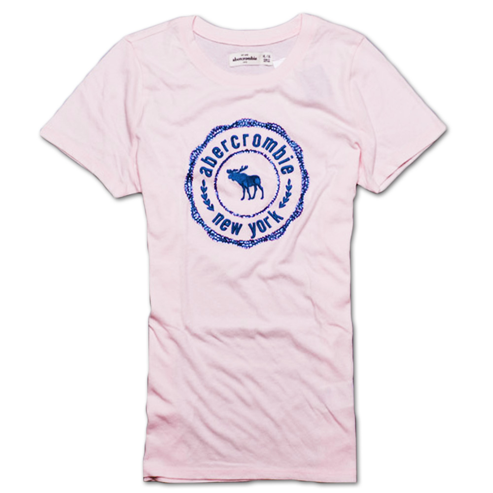 A&F Abercrombie & Fitch KIDS 亮片刺繡圓領短袖T恤-粉紅