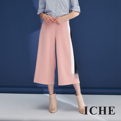 ICHE衣哲 時尚撞色拼接鑲飾造型微寬造型褲-粉