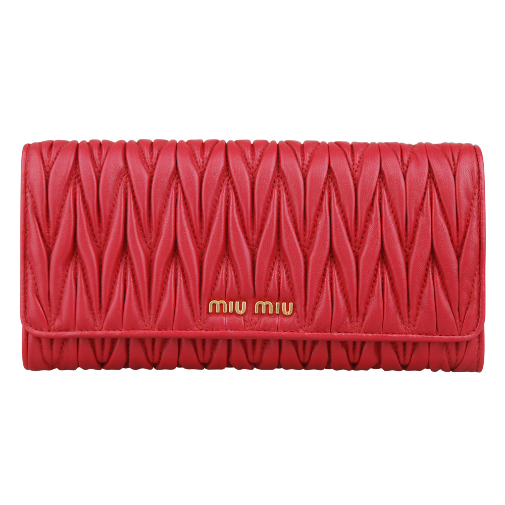 MIU MIU Coffer 經典抓皺設計小羊皮釦式長夾(紅)
