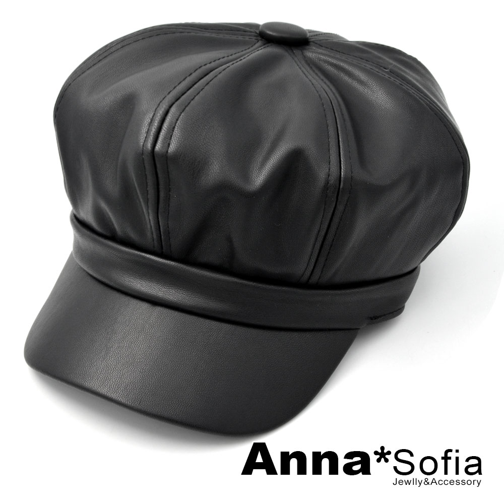 AnnaSofia 細紋皮革 報童帽貝蕾帽(黑系)
