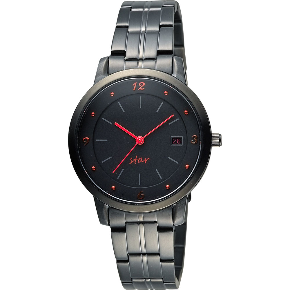 STAR 藝術時尚簡約風情腕錶-黑x紅時標/36mm
