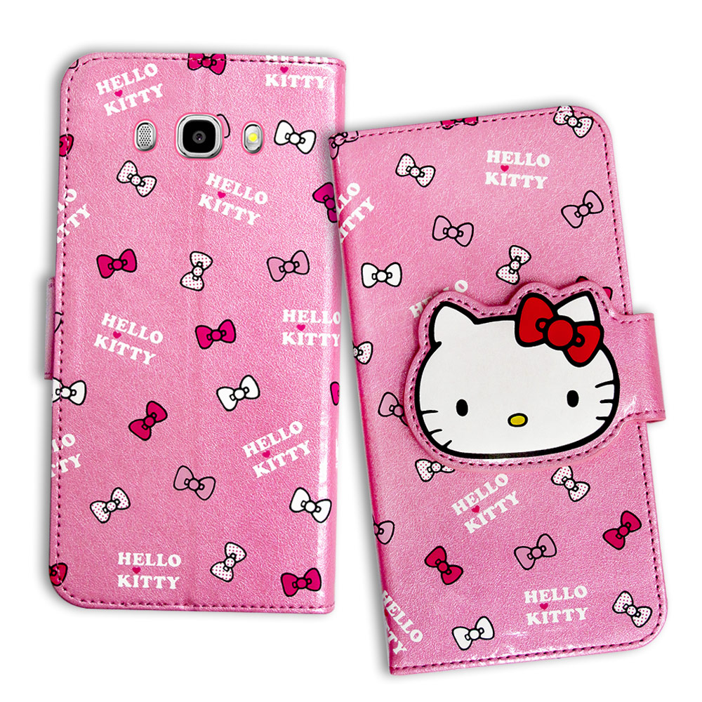 Hello Kitty 三星 Galaxy J7 (2016) 閃粉絲紋皮套(蝴蝶結粉)