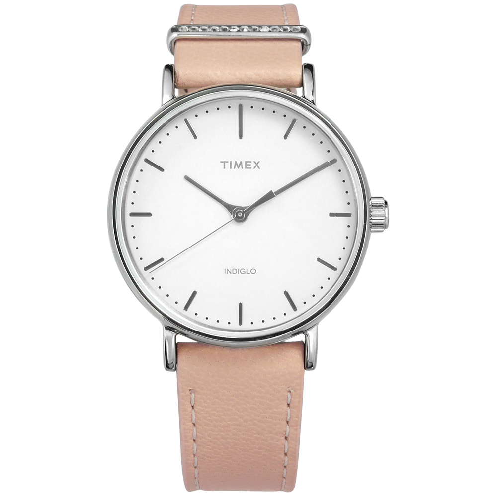 TIMEX 天美時 極簡風格 INDIGLO專利冷光照明 真皮手錶-白x粉/39mm