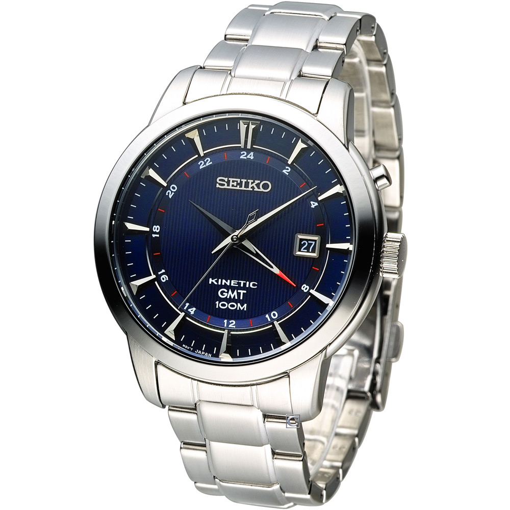 SEIKO Kinetic 雙時區簡約時尚腕錶(SUN031P1)-藍/44mm