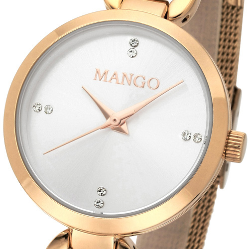 MANGO 歐美極簡素雅晶鑽時尚腕錶-玫瑰金x銀/29mm