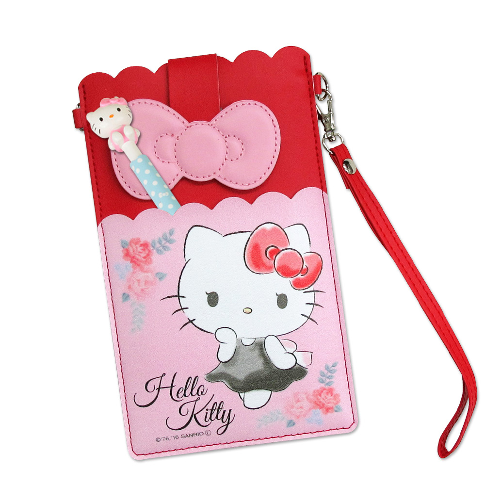 三麗鷗授權正版 Hello Kitty凱蒂貓 皮革紋手拿包 萬用手機袋(凱蒂薔薇)