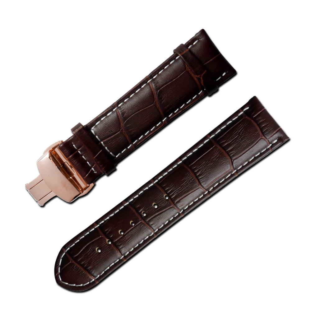 Watchband 經典復刻時尚指標壓紋真皮雙邊壓扣錶帶 棕x白x玫瑰金扣