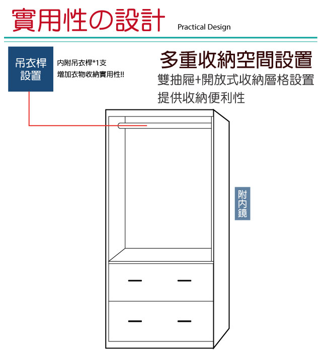 品家居 費伊2.7尺二門二抽衣櫃(二色可選)-81.5x59.5x177.5cm免組