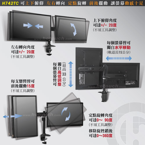 HE 15~24吋LED/LCD左右雙螢幕夾桌型支架(H742TC)