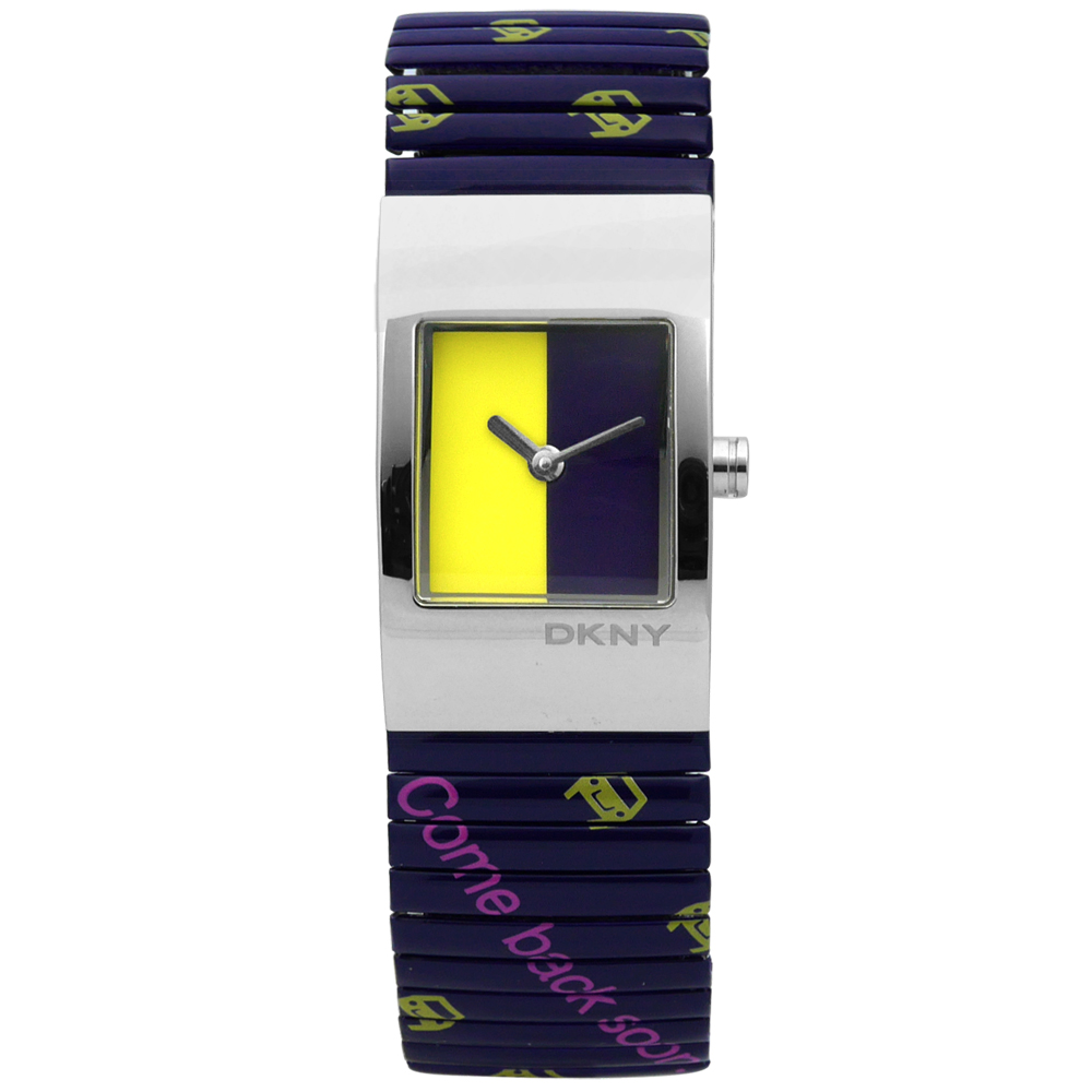 DKNY 紐約時尚俏麗活潑伸縮彈簧不鏽鋼手錶-藍黃x藍/19mm