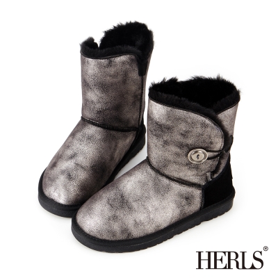 HERLS-霧面金屬圓釦 毛絨雪靴-銀色