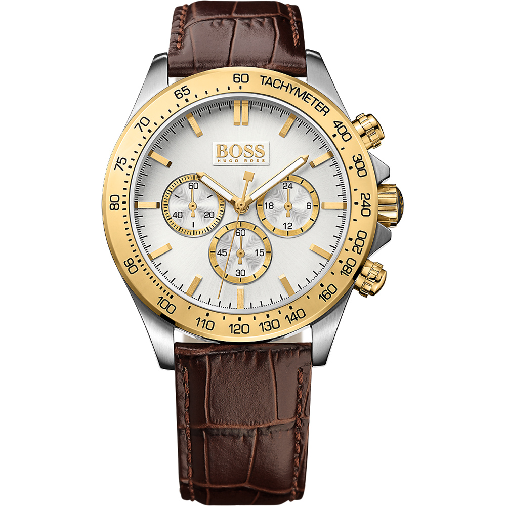 Hugo Boss 紳士品味計時腕錶-銀x金框/44mm