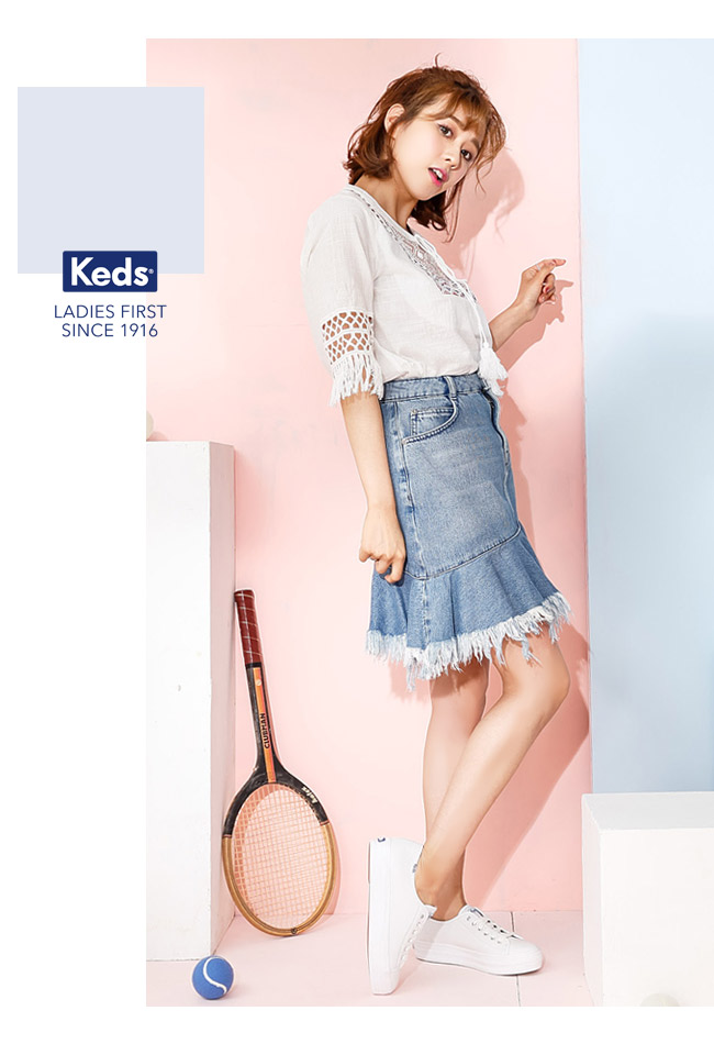 Keds 時尚運動基本綁帶皮質休閒鞋-白