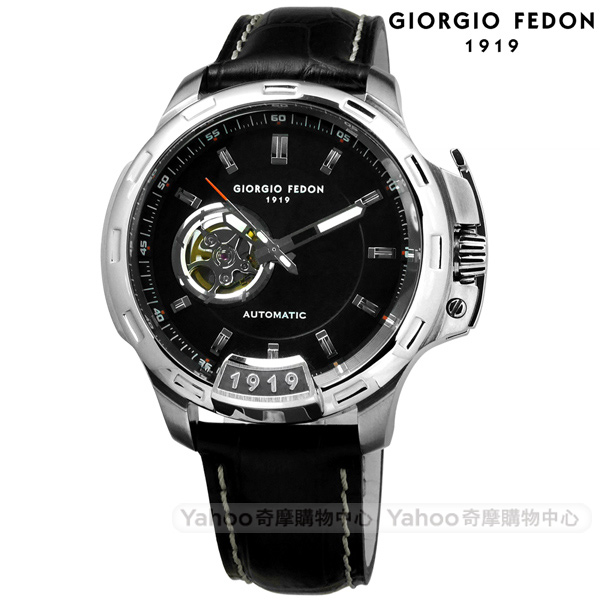 GIORGIO FEDON 1919 自動兼手動上鍊機械錶真皮手錶 -黑色/46mm