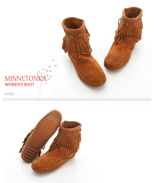 MINNETONKA 棕色純手工鉚釘二層流蘇短靴 (展示品)