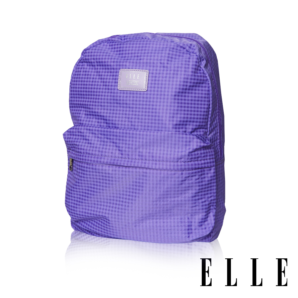 ELLE 輕旅休閒可掛式摺疊收納尼龍後背包- 格紋紫 EL83886