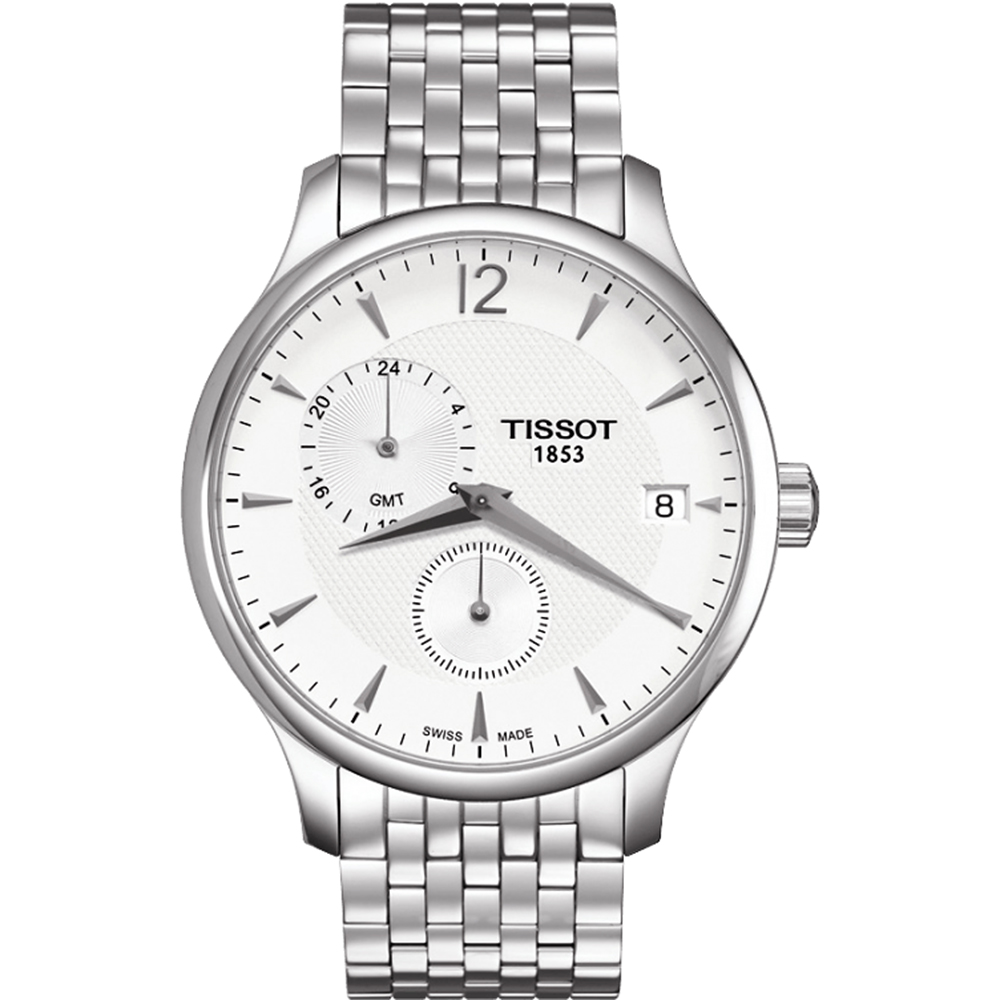 TISSOT 天梭 官方授權 Tradition GMT 二地時區經典腕錶-銀/42mm T0636391103700