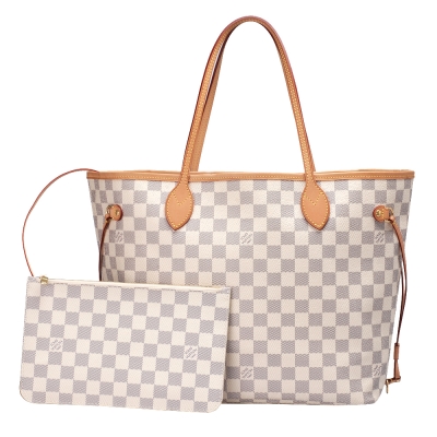 LV N41361 經典Damier Neverfull MM肩背包(中-白-附萬用小袋)