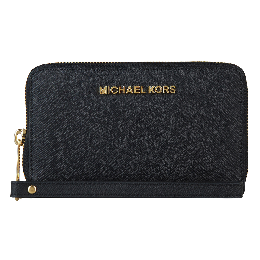 MICHAEL KORS JET SET TRAVEL金字防刮皮革手拿中夾(黑)