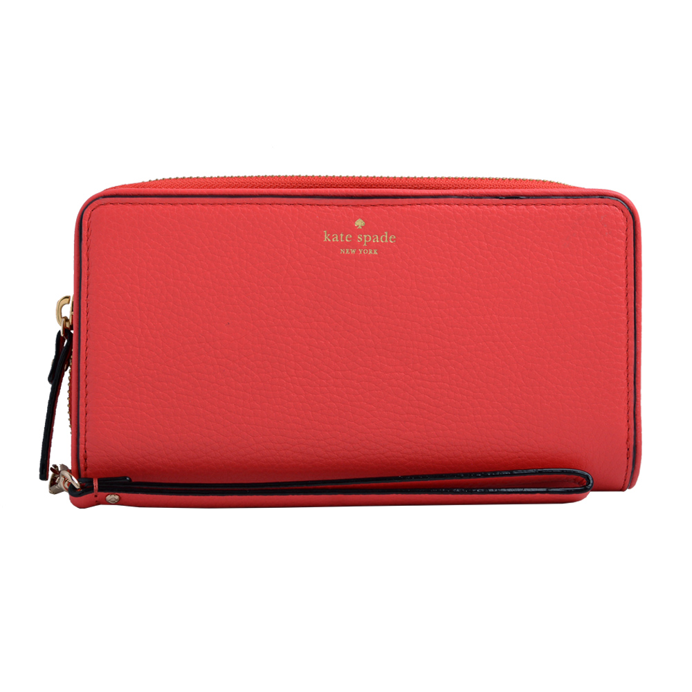 Kate spade 燙金Logo雙折多卡夾層手拿長夾-橘紅