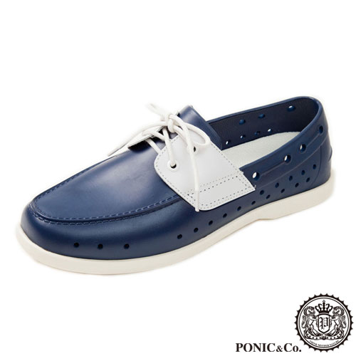 (男/女)Ponic&Co美國加州環保防水洞洞綁帶帆船鞋-海軍藍