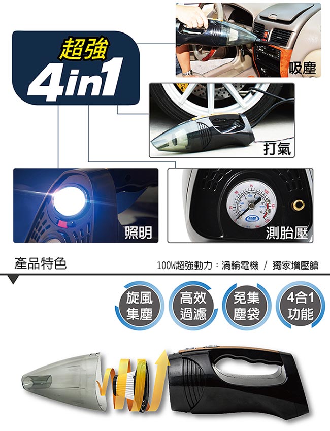 強力渦輪 HEPA 四合一車充頭吸塵打氣機-8H