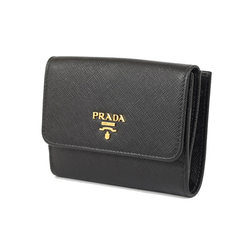 PRADA SAFFIANO 防刮皮革金屬LOGO雙釦短夾(黑色)