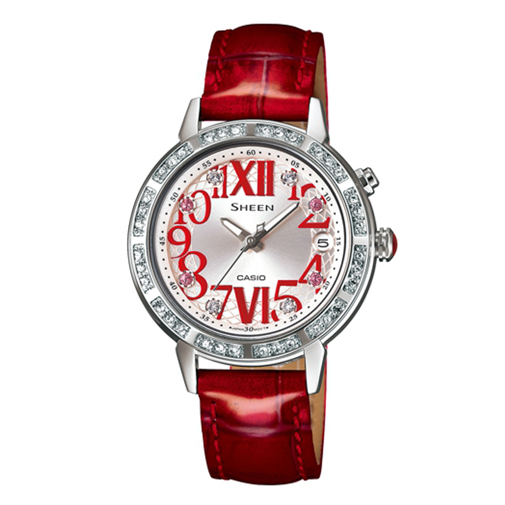 SHEEN 璀璨華麗繽好心情萊茵石腕錶(SHE-4031L-7A1)-銀白x紅/32mm