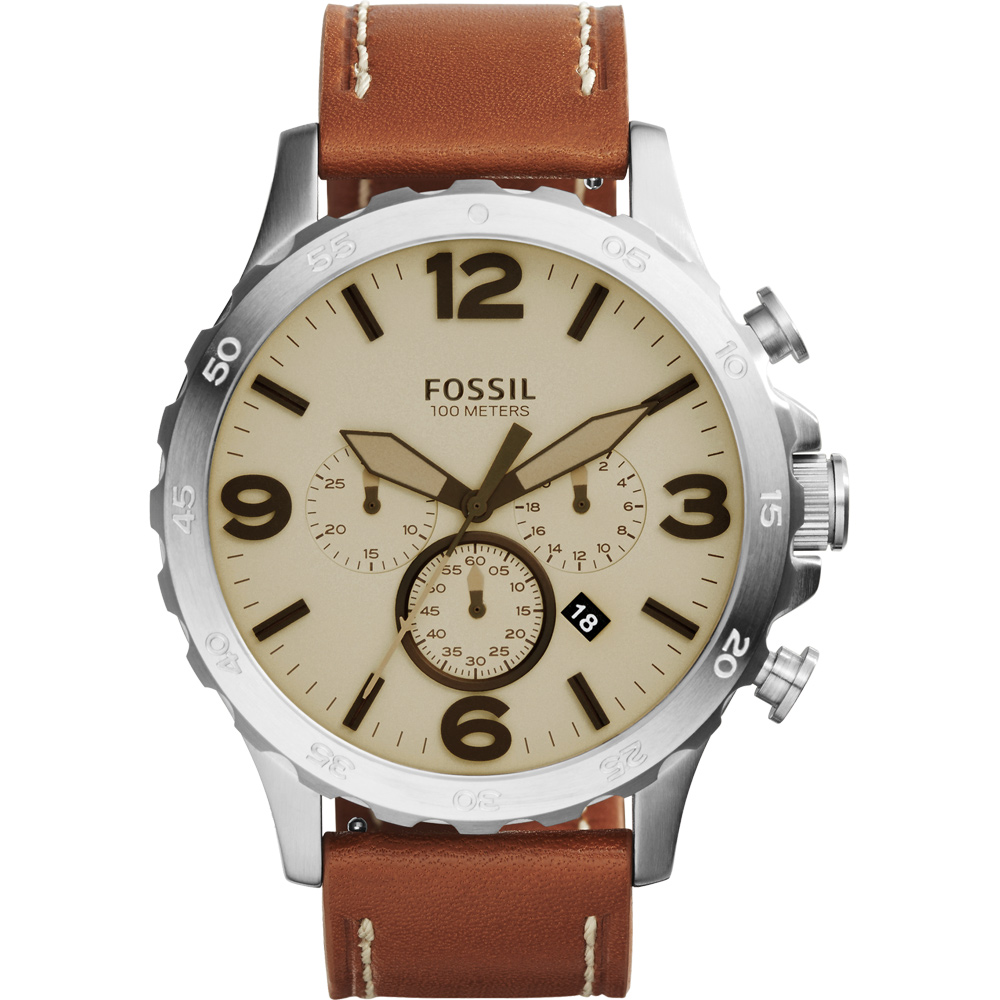 FOSSIL Nate 世紀戰神三眼計時腕錶-灰x棕/50mm