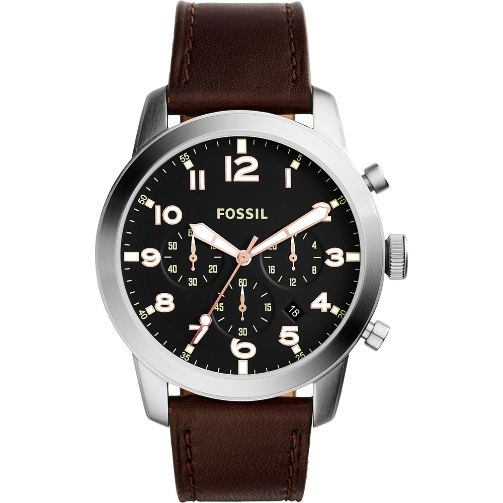 FOSSIL Pilot 飛行員時尚計時腕錶-黑x咖啡/44mm