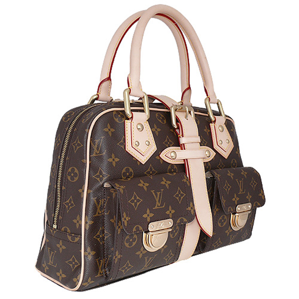 LV 經典Monogram印花MANHATTAN GM雙口袋手提包(大-咖啡-展示品