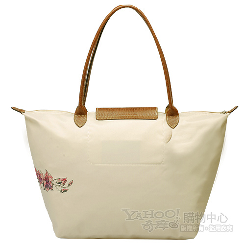 LONGCHAMP 湄公河風景刺繡技藝長提把水餃包(中-米紙色)