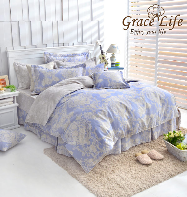 Grace Life 甜蜜戀香-藍 精梳純棉雙人兩用被床罩八件組