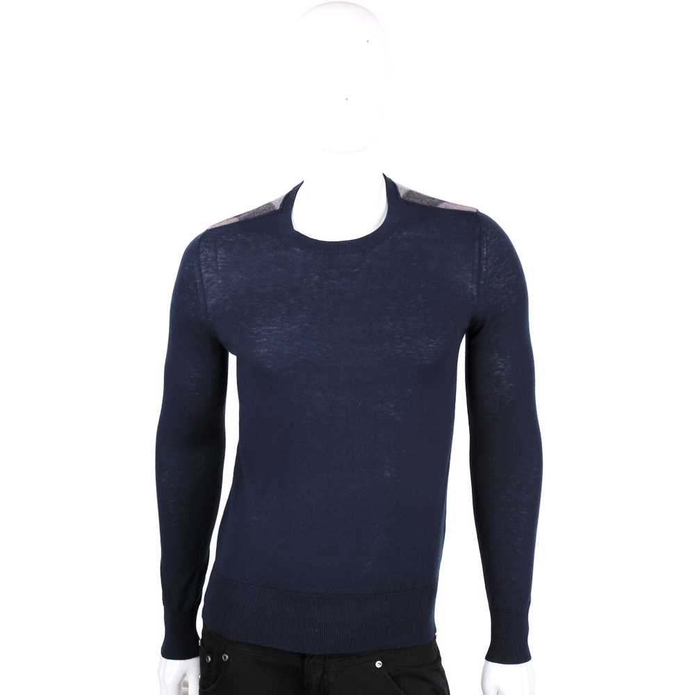 BURBERRY 深藍色格紋拼接長袖針織上衣(男款/50%CASHMERE)