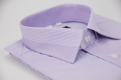 金‧安德森 粉紫條紋變化領窄版短袖襯衫