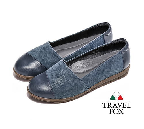 Travel Fox(女) - 極簡優雅 雙料融合羊皮直套旅狐休閒鞋 - 石藍