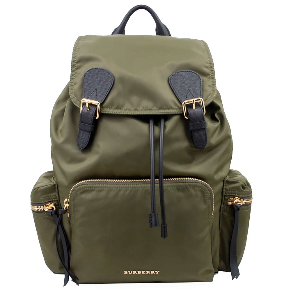 BURBERRY The Rucksack 科技尼龍撞色皮革軍旅後背包(軍綠/大)