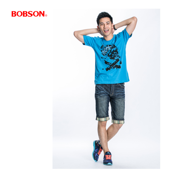 BOBSON 男款ROCK骷髏短袖上衣(藍22023-54)