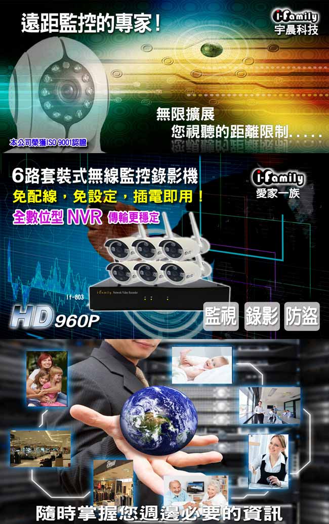 宇晨I-Family免配線/免設定960P八路式無線監視系統套裝一機六鏡