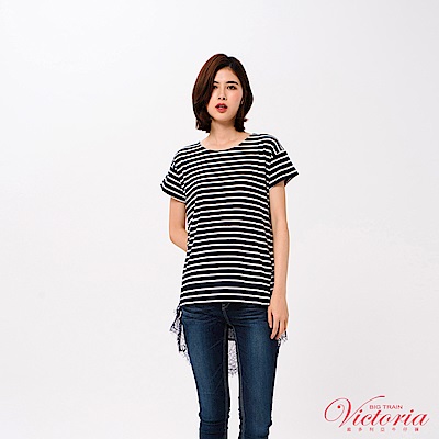 Victoria 異材質層次落肩寬鬆短袖T-女-藍底白條