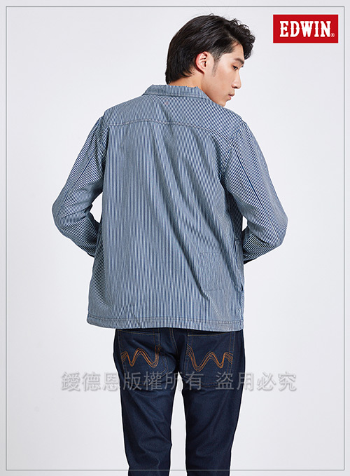 EDWIN 築地系列條紋口袋襯衫-男-丈青