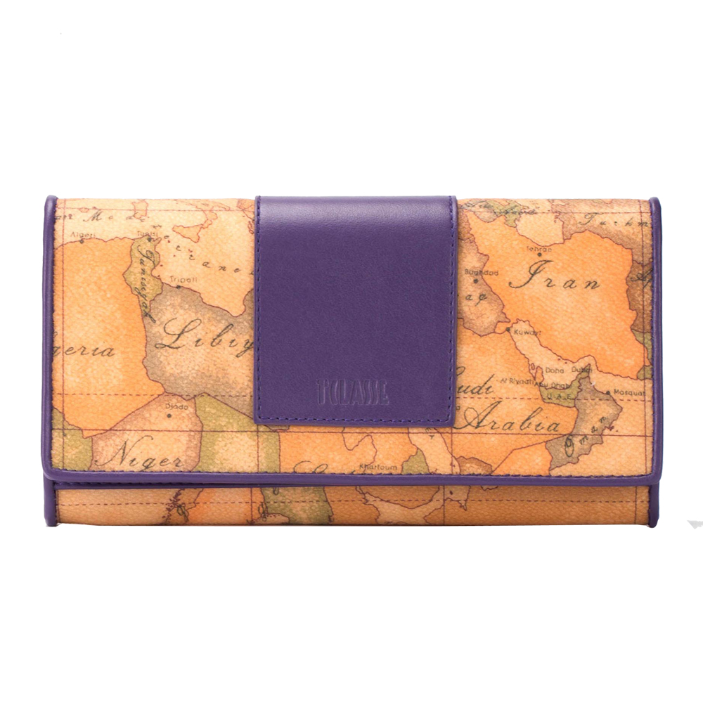 Alviero Martini 義大利地圖包 扣式10卡照片長夾-地圖黃/紫