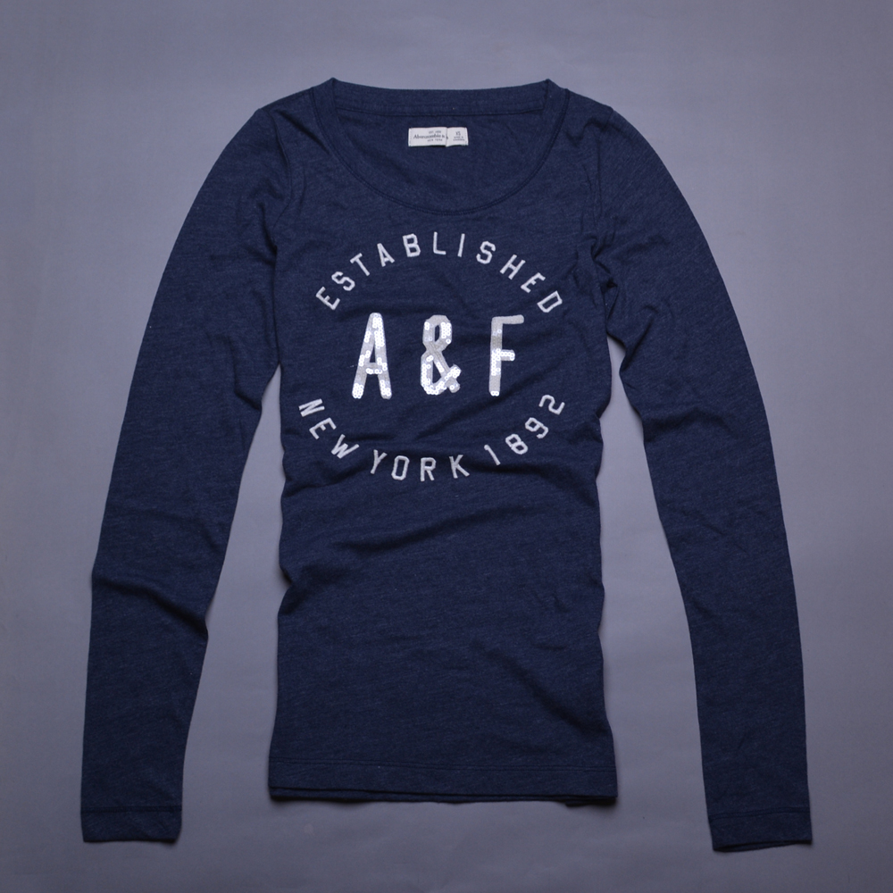 A&F Abercrombie &Fitch 亮片1982刺繡薄長T-麻花藍