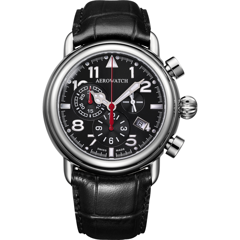 AEROWATCH 都會仕紳三眼計時腕錶-黑/44mm
