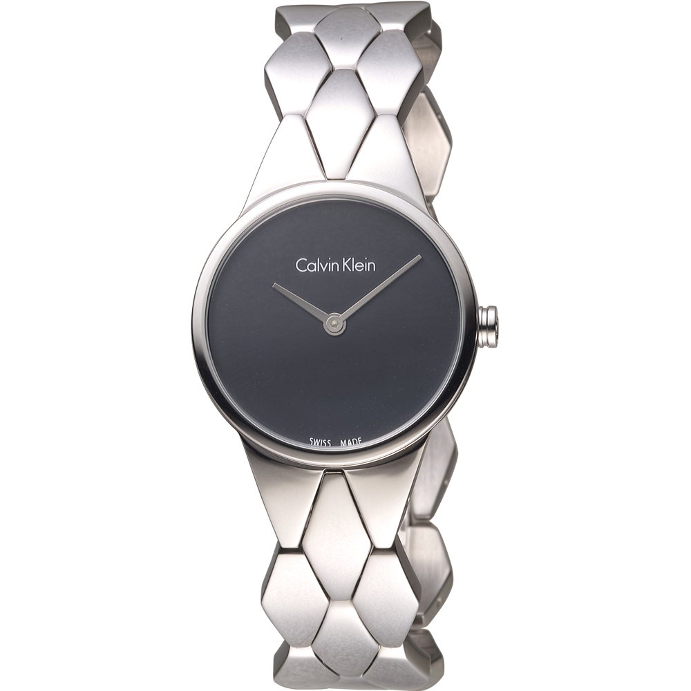 CK Calvin Klein 立體格菱時尚腕錶-黑/28mm