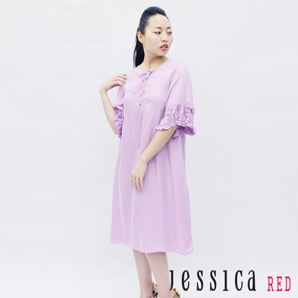 JESSICA RED - 休閒花朵荷葉袖造型洋裝（紫）